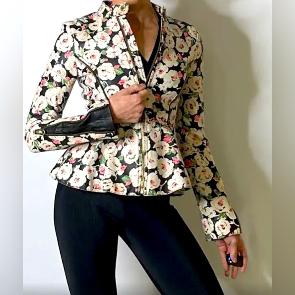 JUICE COUTURE Sz XS Lambskin Peplum Hem Floral Moto Style Jacket Mao Neckline